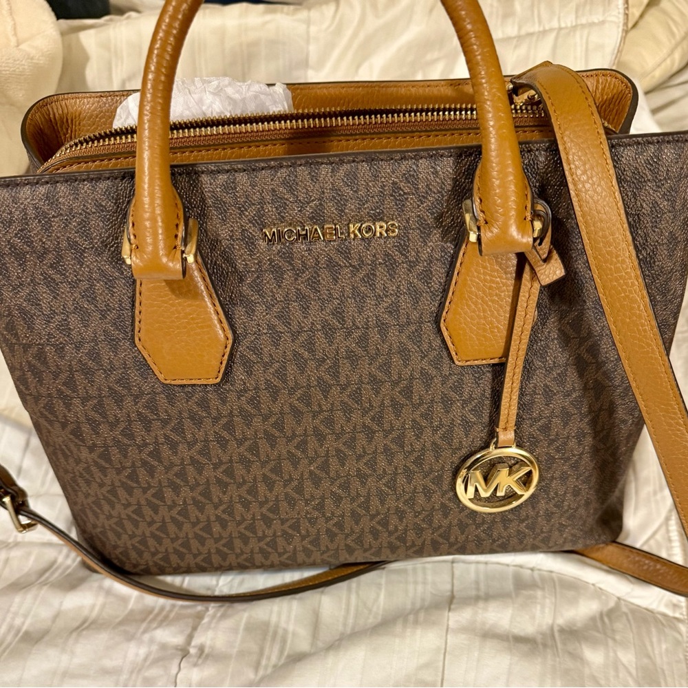 Michael Kors Brown and Tan Satchel with Gold Hardware
